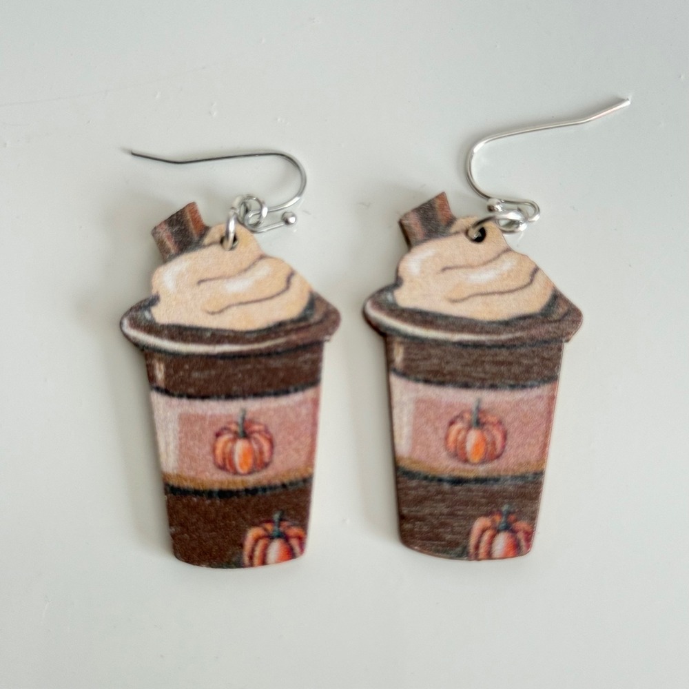 Klass Pumpkin Spice Latte Chai PSL Wooden Dangle Earrings Fall Coffee Brown New
